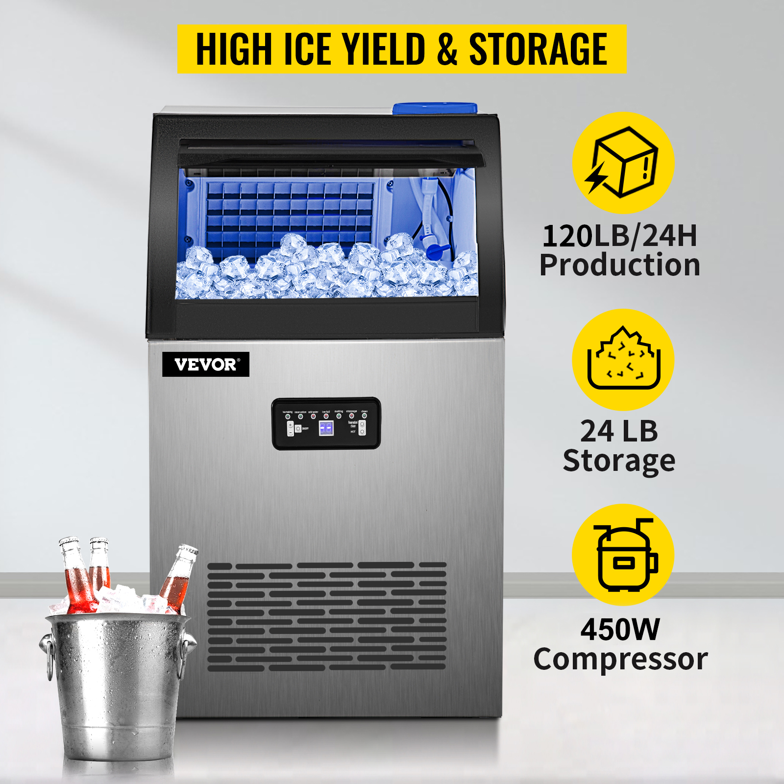 Bonnlo Máquina de hielo comercial independiente de 110 libras/24 horas,  contenedor de almacenamiento de 24 libras, máquina de hielo para  restaurante