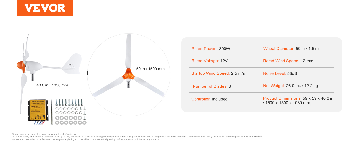 VEVOR wind turbine generator with 59 in blades, 800w, 12v, 3 blades, 58db noise, controller included.