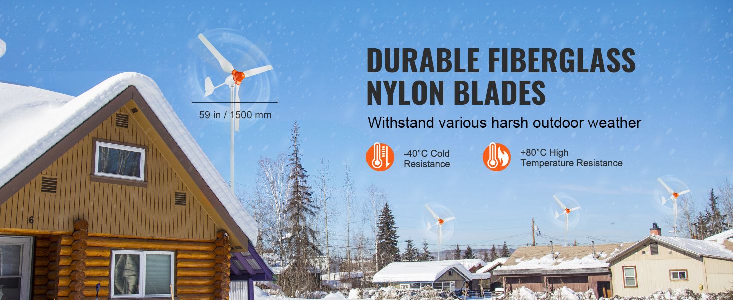 VEVOR wind turbine generator with durable fiberglass nylon blades in snow-covered residential area.