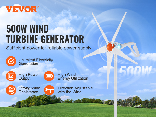 VEVOR VEVOR 500W Wind Turbine Generator, 12V Wind Turbine Kit, 5-Blade ...