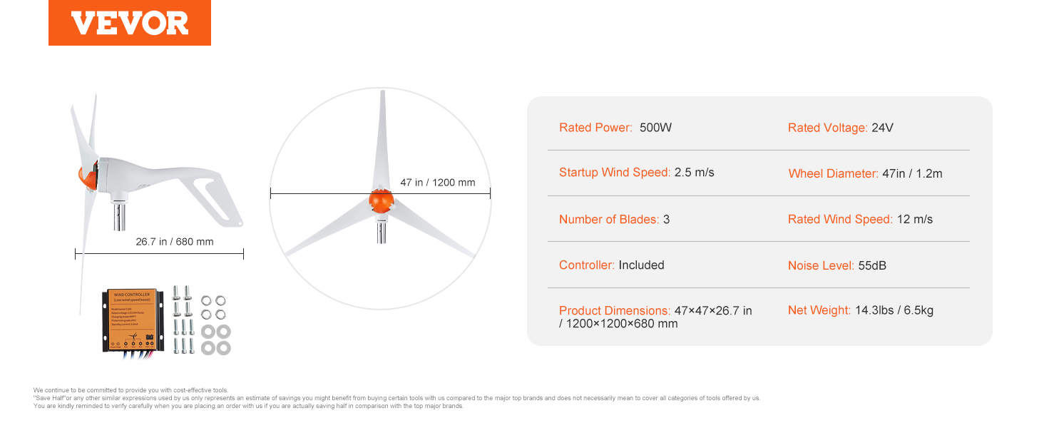 VEVOR wind turbine generator with 3 blades, 500w power, 24v, 47in diameter, and included controller.