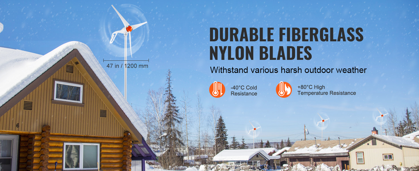 VEVOR wind turbine generator with durable fiberglass nylon blades in snowy rural landscape.