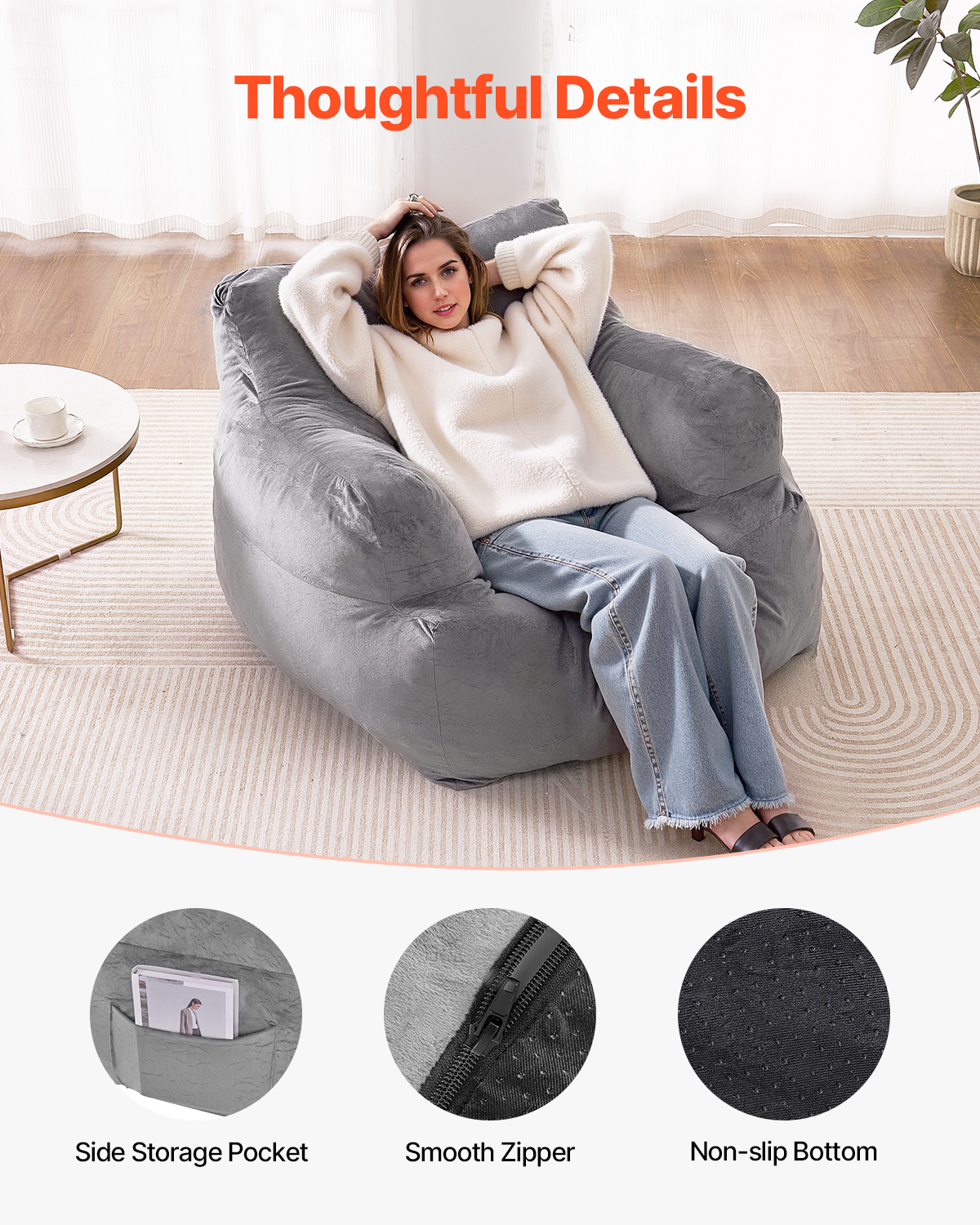 Bean Bag Chair Convertible/with Cover/Armrests for Adult Fluffy Blue/Grey/Black - Picture 29 of 72