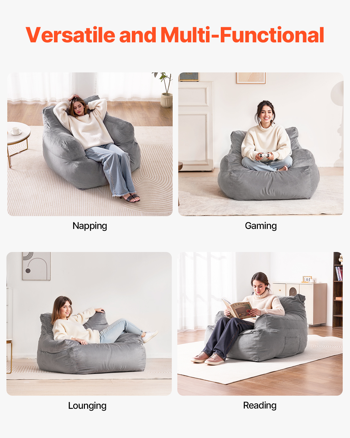 Bean Bag Chair Convertible/with Cover/Armrests for Adult Fluffy Blue/Grey/Black - Picture 30 of 72