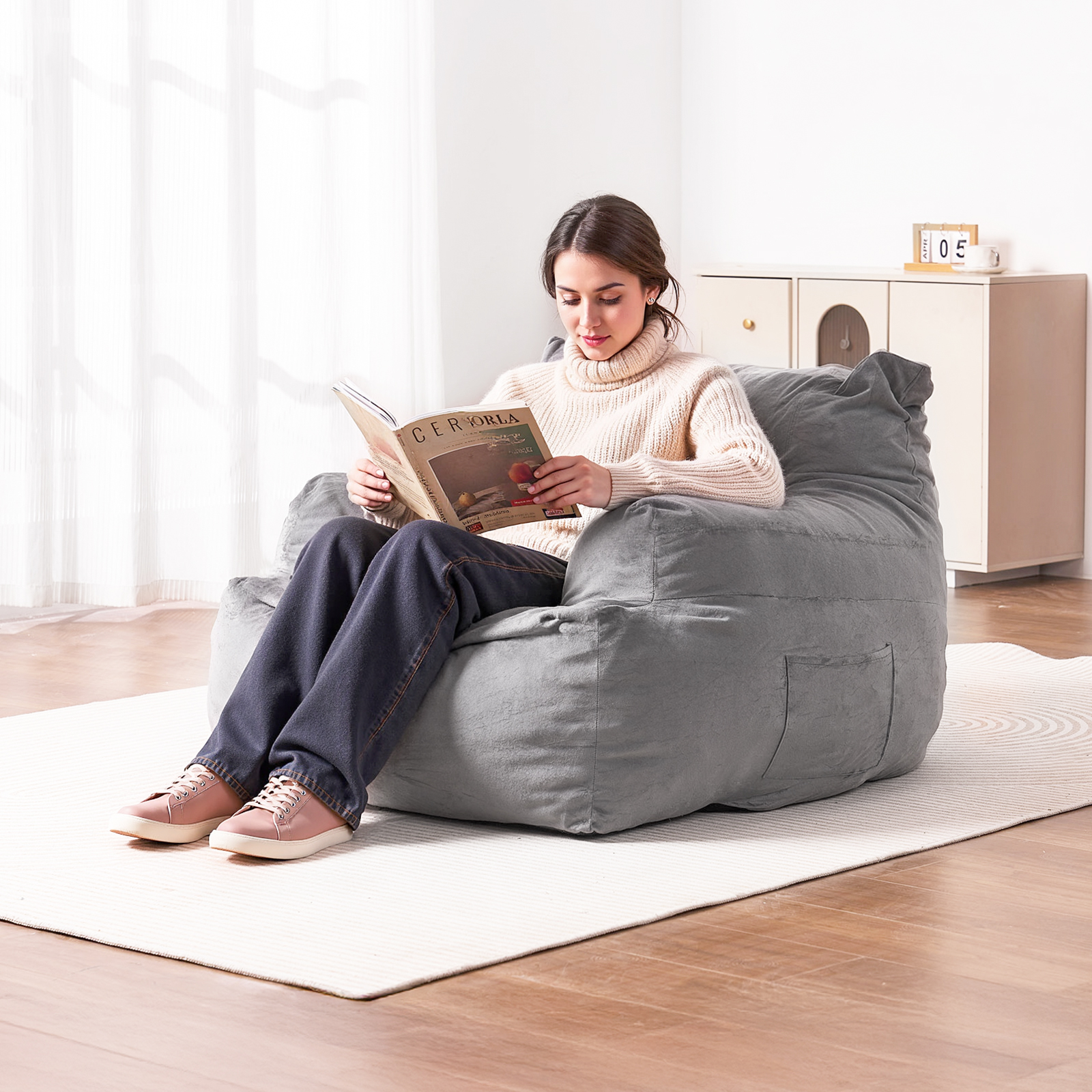 Bean Bag Chair Convertible/with Cover/Armrests for Adult Fluffy Blue/Grey/Black - Picture 32 of 72