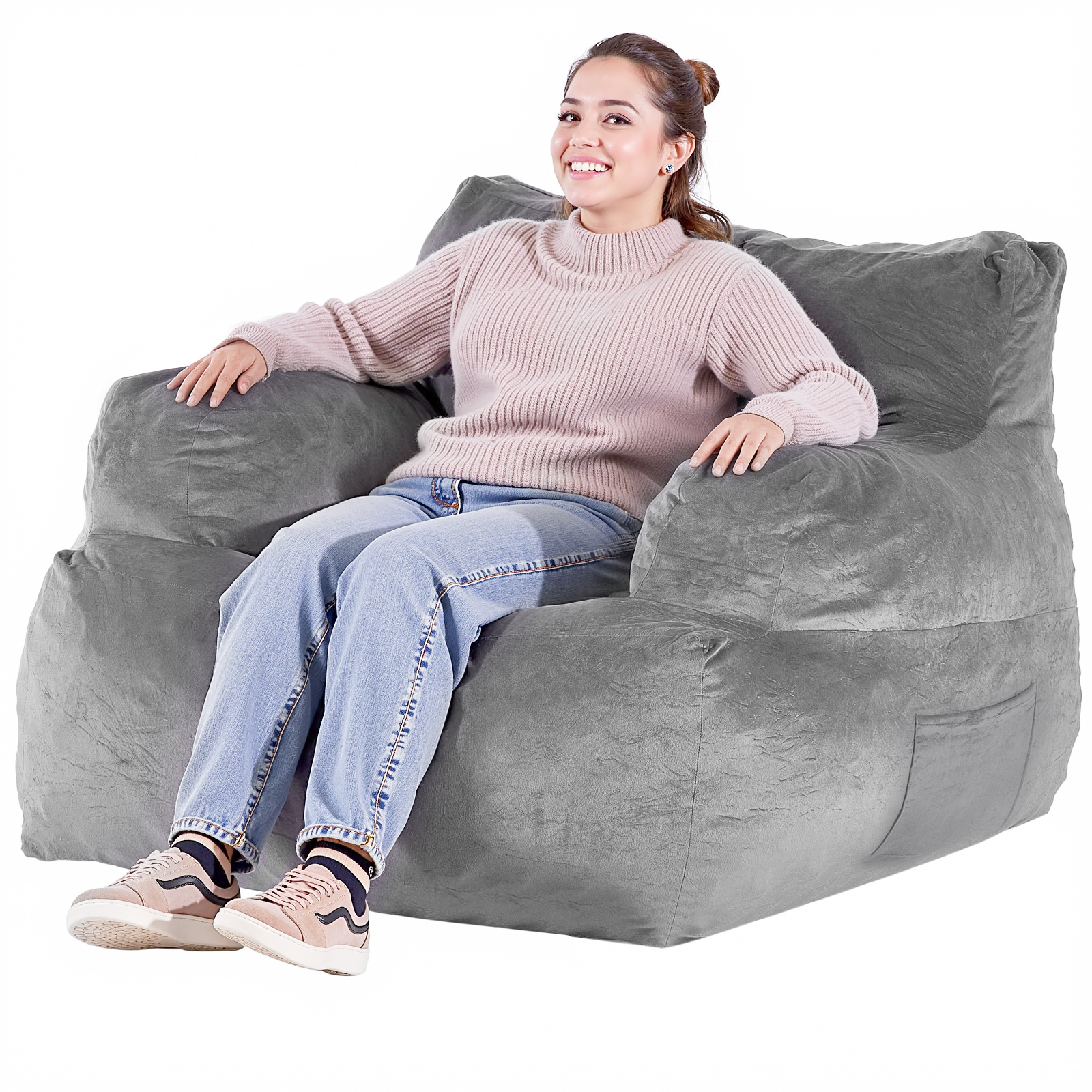 Bean Bag Chair Convertible/with Cover/Armrests for Adult Fluffy Blue/Grey/Black - Picture 33 of 72