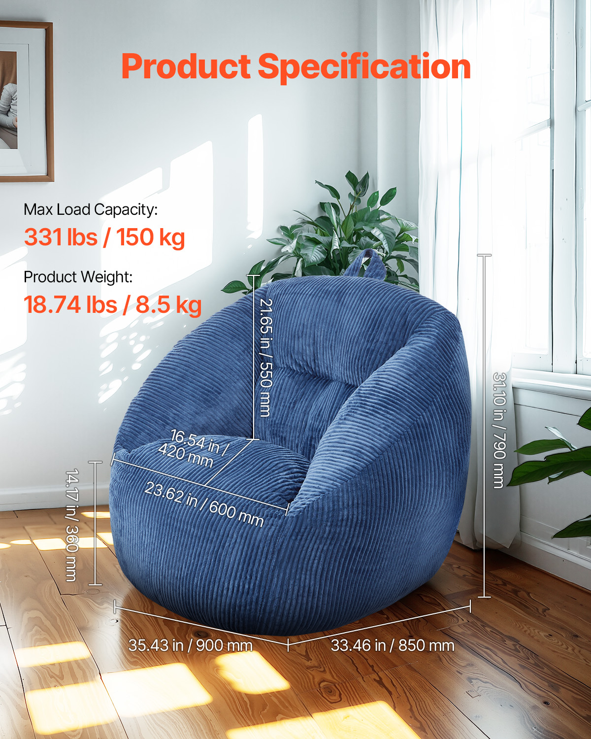 Bean Bag Chair with Armrests and Storage Pocket/Removable Cover & Dutch Velvet - Picture 16 of 62