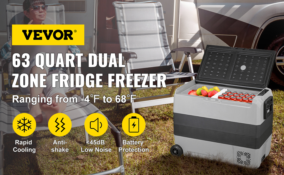 VEVOR 12 Volt Refrigerator, 63 Qt Dual Zone Car Fridge Freezer w/App Control  & Wheels