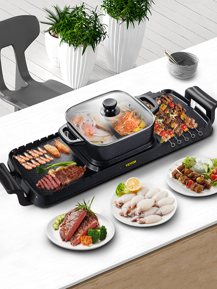 VEVOR 2 in 1 Electric Grill and Hot Pot, 2400W BBQ Pan Grill and Hot Pot, Multifunctional Teppanyaki Grill Pot with Dual Temp Control, Smokeless Hot Pot Grill with Nonstick Coating for 1-8 People