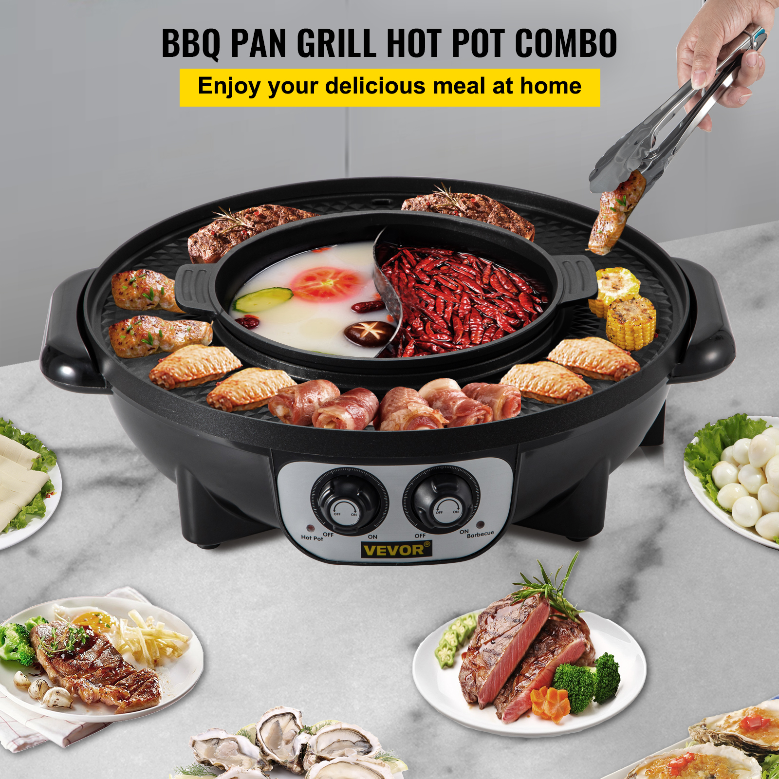VEVOR 2 in 1 Electric Grill and Hot Pot, 2400W BBQ Pan Grill and Hot Pot
