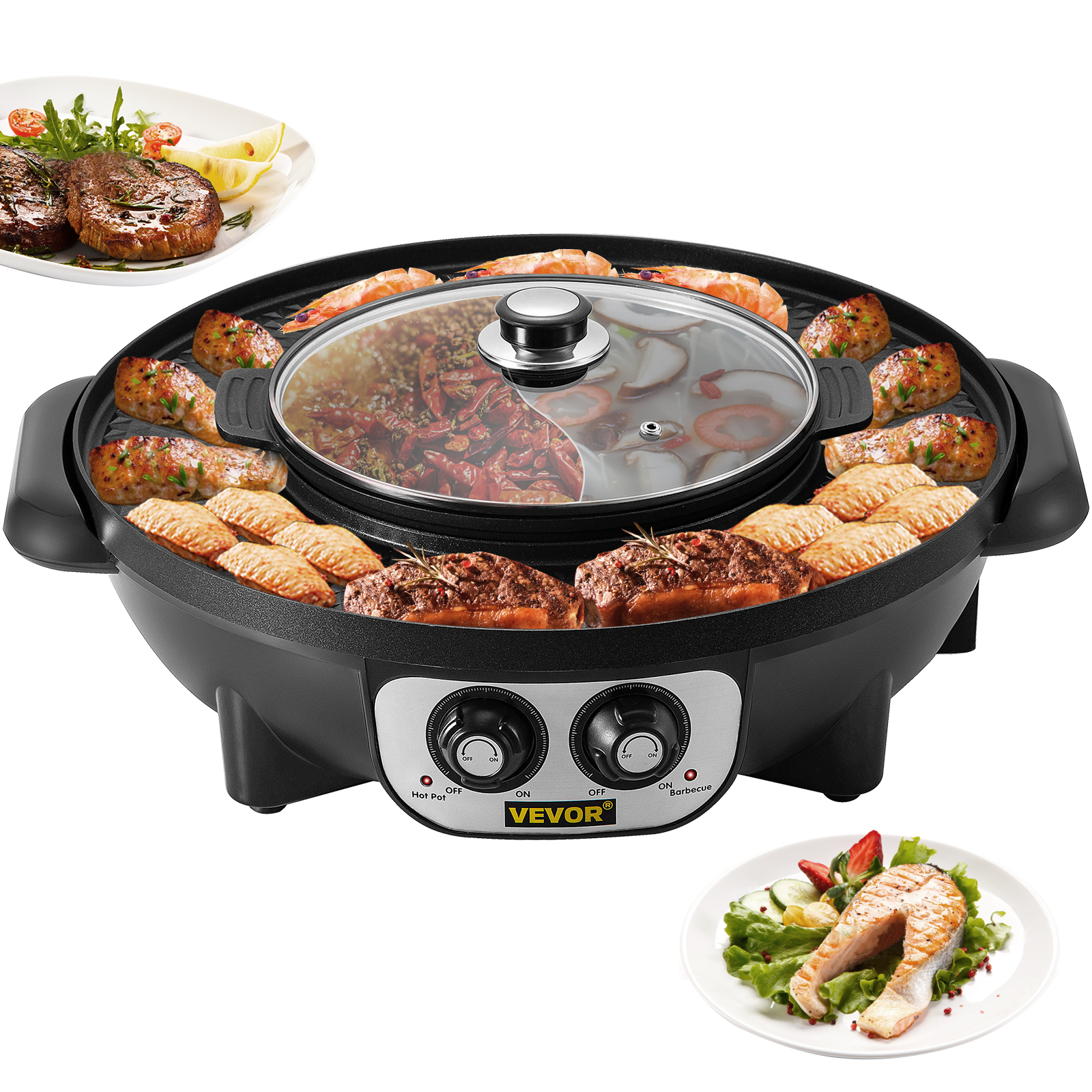 VEVOR 2 in 1 Electric BBQ Grill Hot Pot Portable Hot Pot Grill  2100/2200/2400W