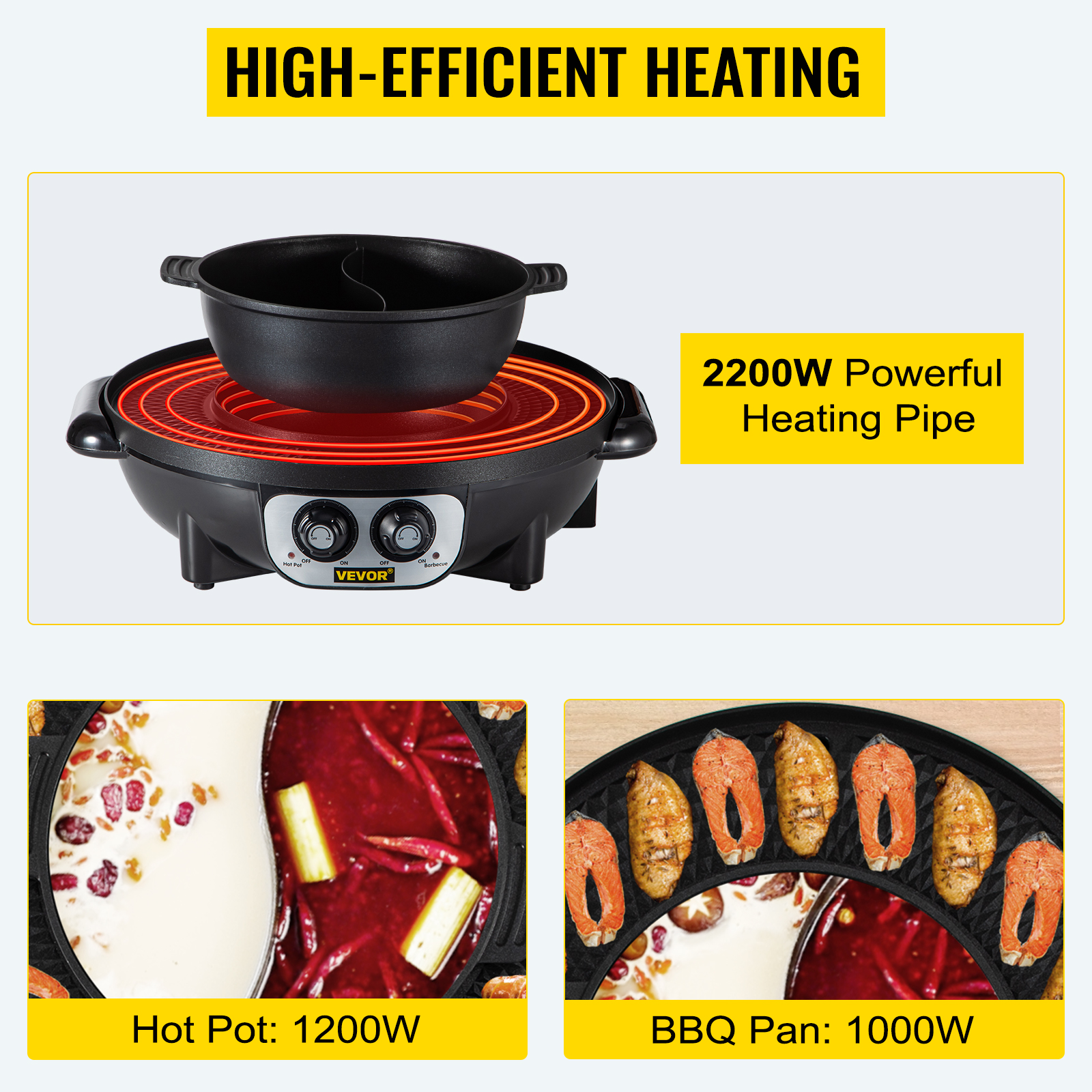 VEVOR 2 in 1 Electric Grill and Hot Pot BBQ Pan Grill Pot with