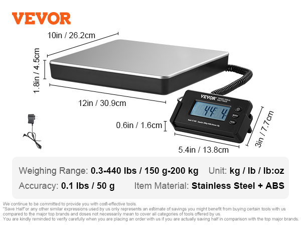 VEVOR Digital Shipping Scale, 440 lbs x 1.7 oz. Heavy Duty Postal Scale  with Timer, Tare