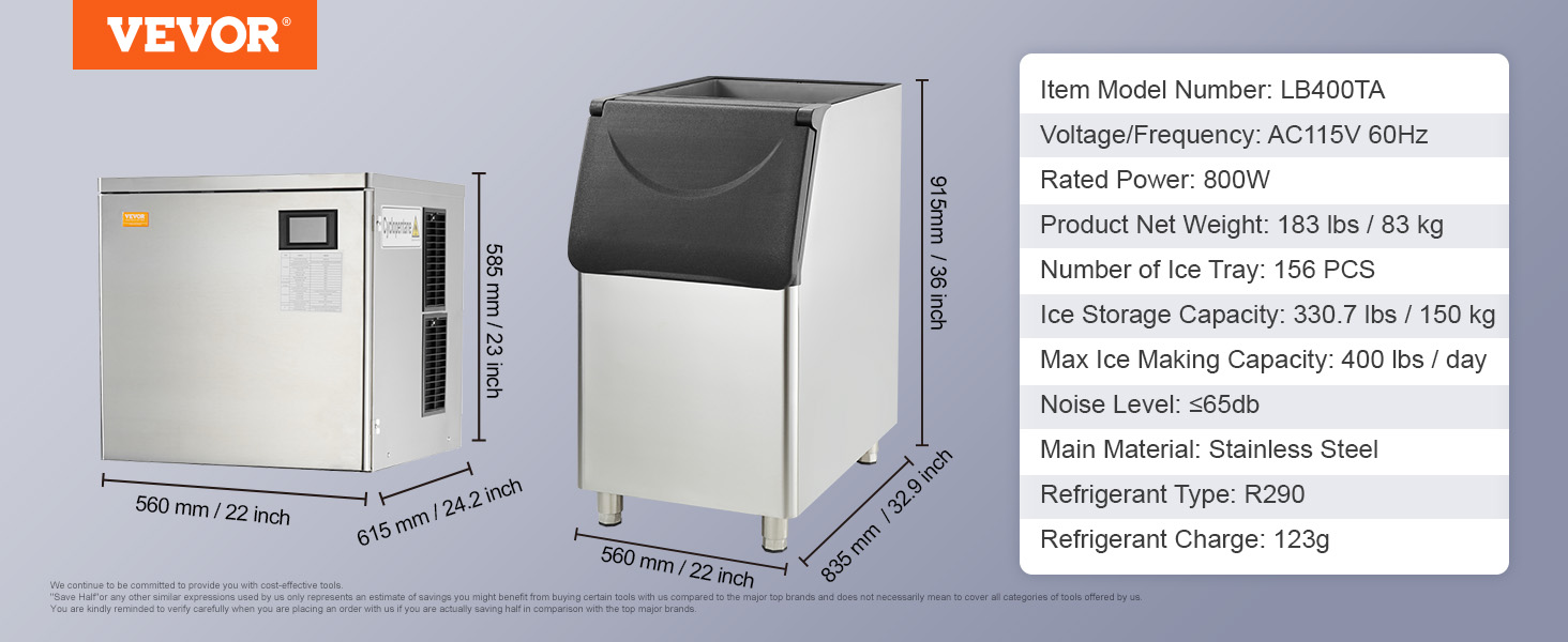 VEVOR 110V Commercial Ice Machine 320LBS/24H with 77lbs Bin, Clear Cube LED Panel, Stainless Steel, Air Cooling, ETL Approved, Professional