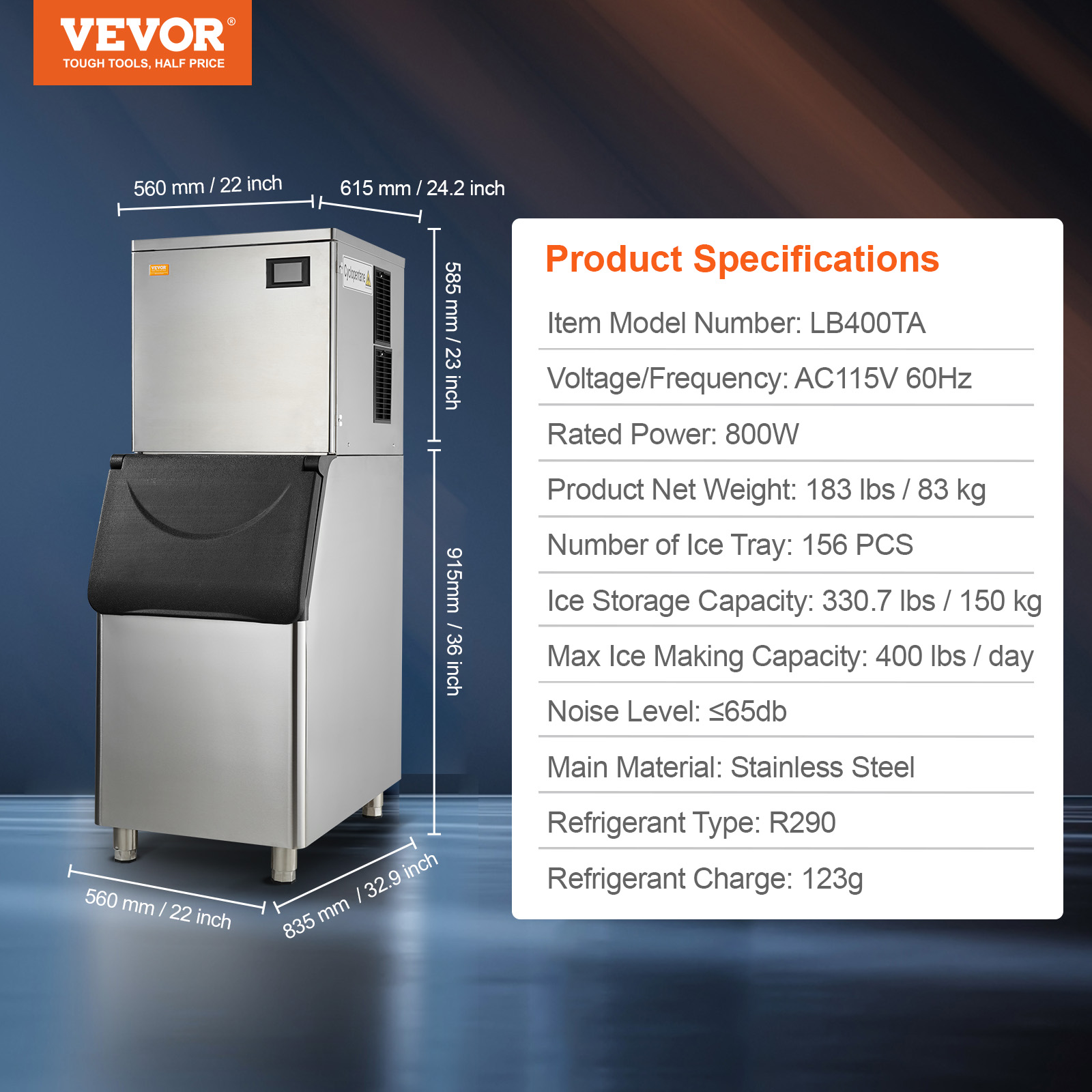 VEVOR 400-550LBS/24H Commercial Ice Maker 330LBS Storage Bin Auto Self-Cleaning