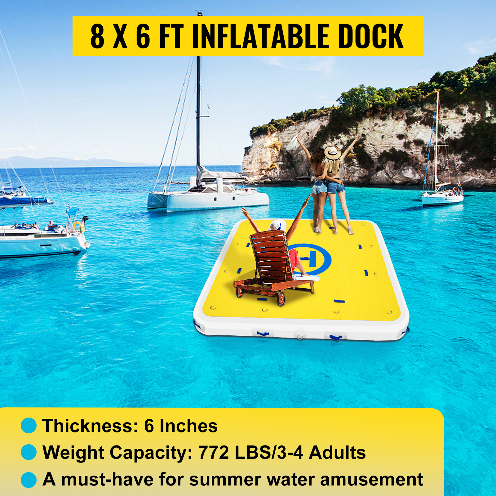 VEVOR Inflatable Dock Floating Platform, 8 x 6 ft, 34 Person Capacity