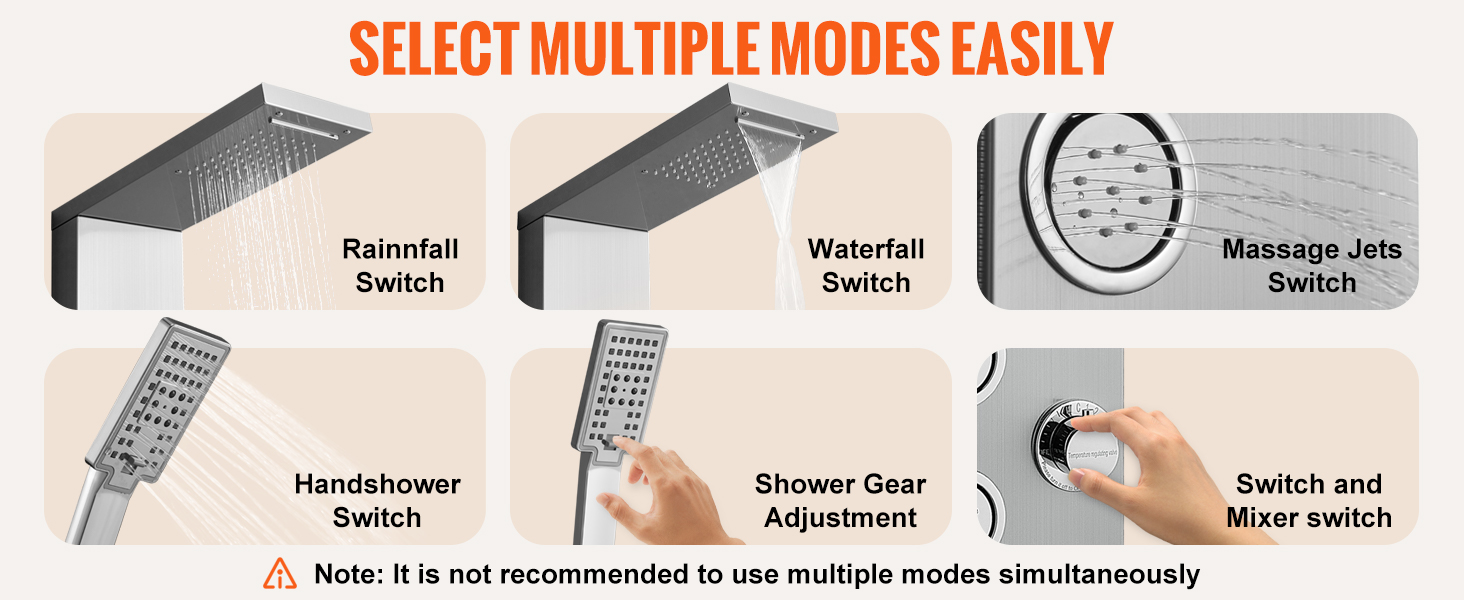 thumbnail interactive-video image 1 of VEVOR Stainless Steel Shower Panel Tower, Wall Mounted Faucet System With Waterfall & 4 Modes 1 of 3