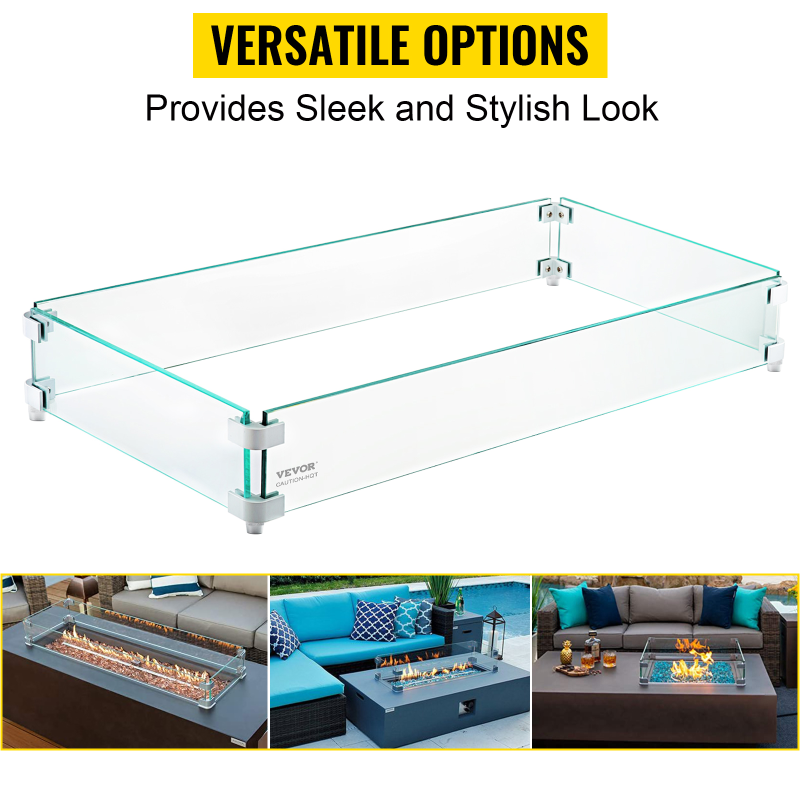 VEVOR Fire Pit Wind Guard, 30.5 x 11.5 x 6 Inch Glass Wind Guard, Rectangular Glass Shield, 0.3" Thick Clear Tempered Glass Flame Guard, Steady Feet Tree Pit Guard for Propane, Gas, Outdoor