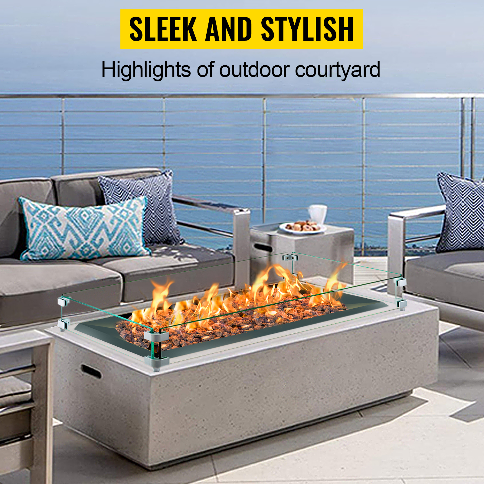 VEVOR Fire Pit Wind Guard, 30.5 x 11.5 x 6 Inch Glass Wind Guard, Rectangular Glass Shield, 0.3" Thick Clear Tempered Glass Flame Guard, Steady Feet Tree Pit Guard for Propane, Gas, Outdoor