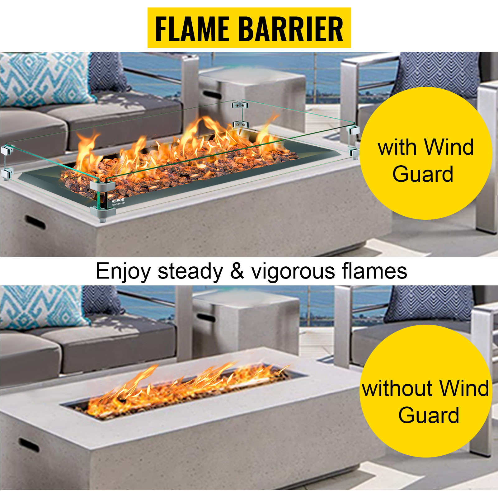 VEVOR Fire Pit Wind Guard, 35.5 x 11.5 x 6 Inch Glass Wind Guard, Rectangular Glass Shield, 0.3" Clear Tempered Glass Flame Guard, Steady Feet Tree Pit Guard for Propane, Gas, Outdoor