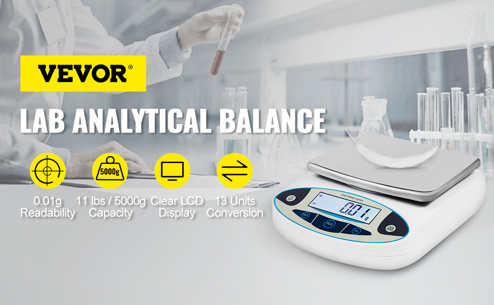 VEVORbrand Analytical Balance, 5000g x 0.01g Accuracy Lab Scale, High  Precision Electronic Analytical Balance, 13 Units Conversion, Counting  Function