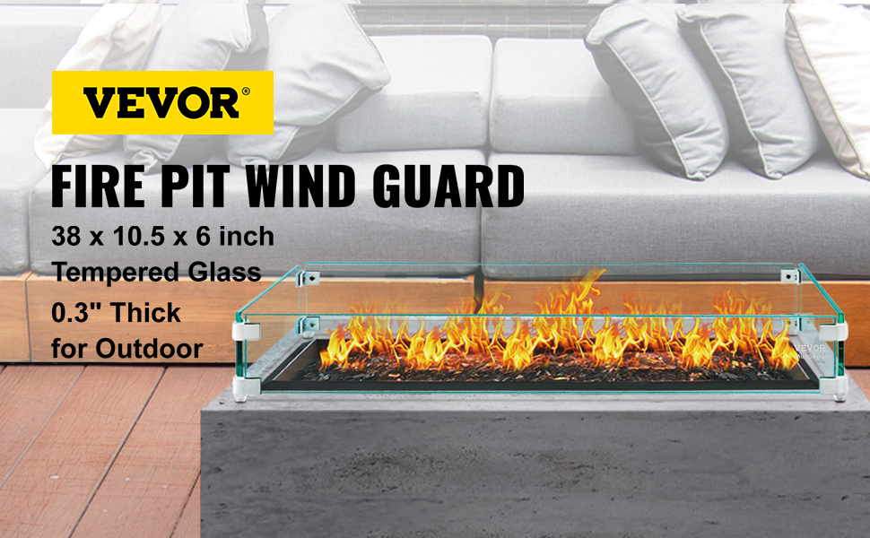 VEVOR Fire Pit Wind Guard, 38 x 10.5 x 6 Inch Glass Wind Guard, Rectangular Glass Shield, 0.3" Thick Fire Table, Clear Tempered Glass Flame Guard, Steady Feet Tree Pit Guard for Propane, Gas, Outdoor