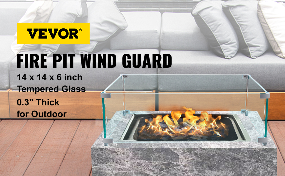 VEVOR Fire Pit Wind Guard, 14 x 14 x 6 Inch Glass Wind Guard, Rectangular Glass Shield, 0.3" Thick Fire Table, Clear Tempered Glass Flame Guard, Steady Feet Tree Pit Guard for Propane, Gas, Outdoor