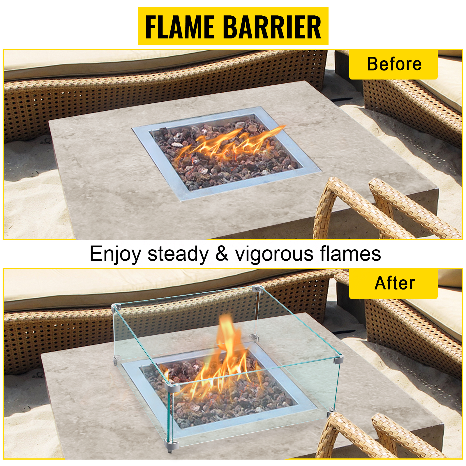 VEVOR Fire Pit Wind Guard, 14 x 14 x 6 Inch Glass Wind Guard, Rectangular Glass Shield, 0.3" Thick Fire Table, Clear Tempered Glass Flame Guard, Steady Feet Tree Pit Guard for Propane, Gas, Outdoor