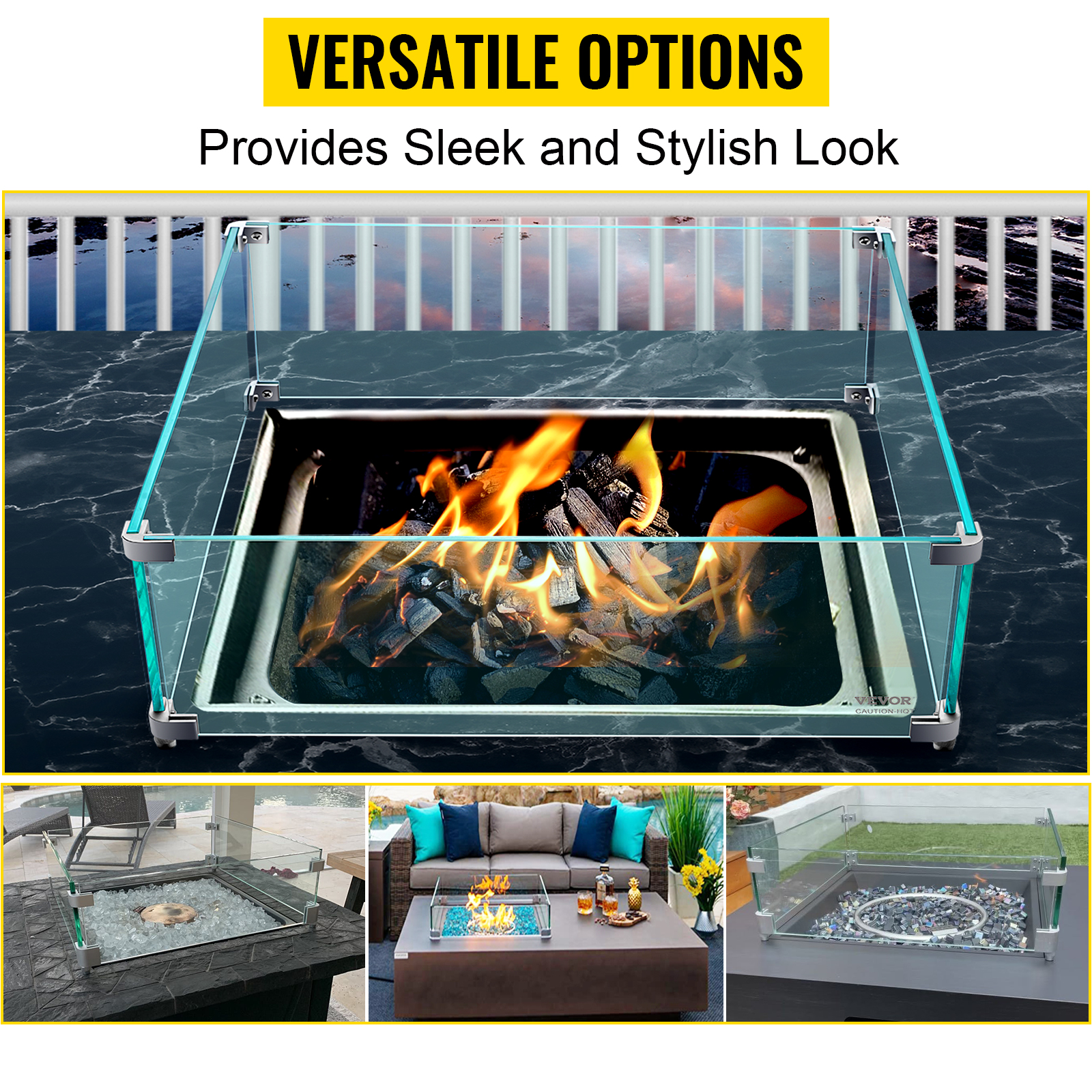 VEVOR Fire Pit Wind Guard, 14 x 14 x 6 Inch Glass Wind Guard, Rectangular Glass Shield, 0.3" Thick Fire Table, Clear Tempered Glass Flame Guard, Steady Feet Tree Pit Guard for Propane, Gas, Outdoor