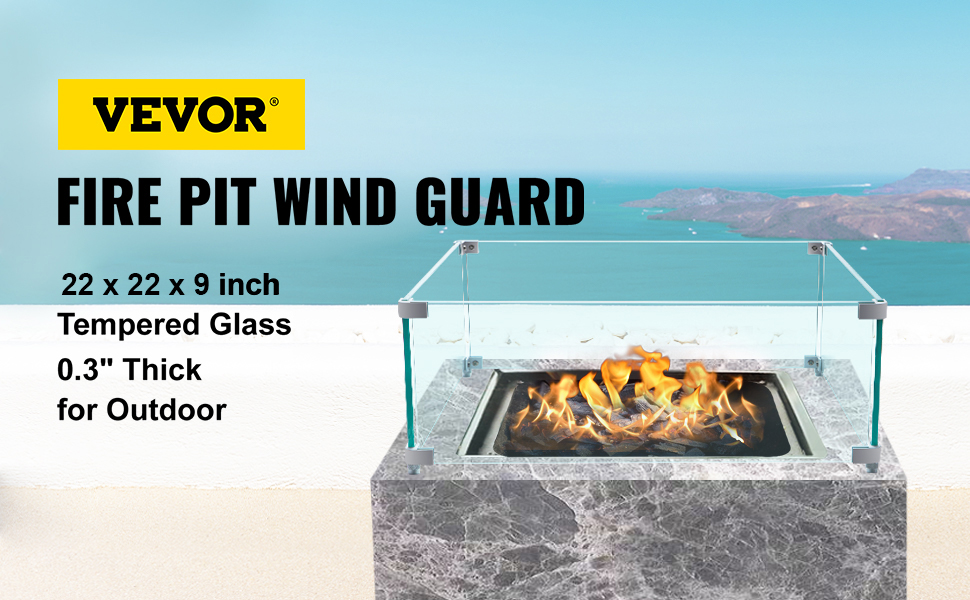 VEVOR Fire Pit Wind Guard, 22 x 22 x 9 inch Glass Flame Guard, Oblong