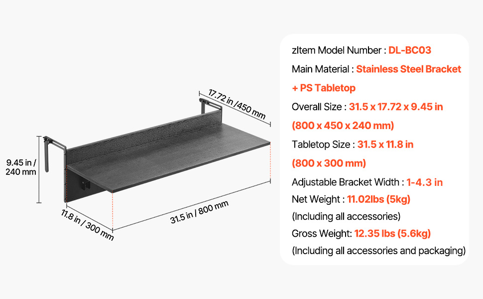 VEVOR Balcony Hanging Table - 25x24 Inch Folding Railing Table With 4-Level Height Adjustment