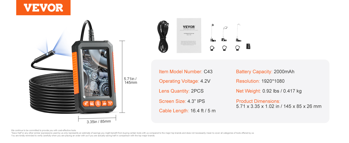 Endoscope Camera, Dual Lens, 8 + 1 LED Lights