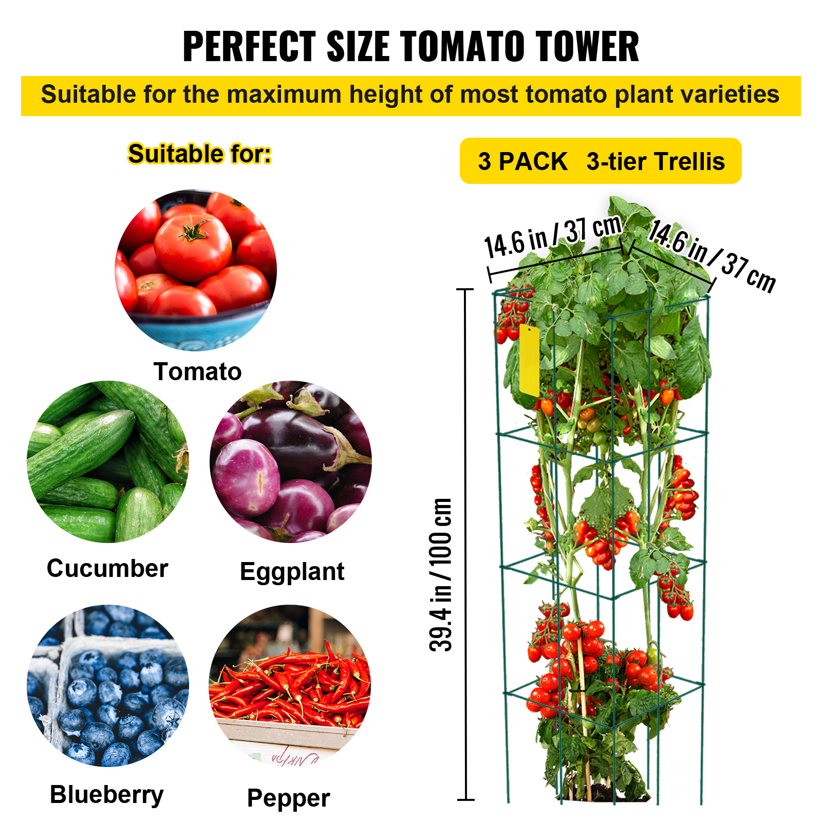 Tomato Cages Plant Support Cage Square Steel 3/5/6/10 Packs Silver/Green - Picture 30 of 75