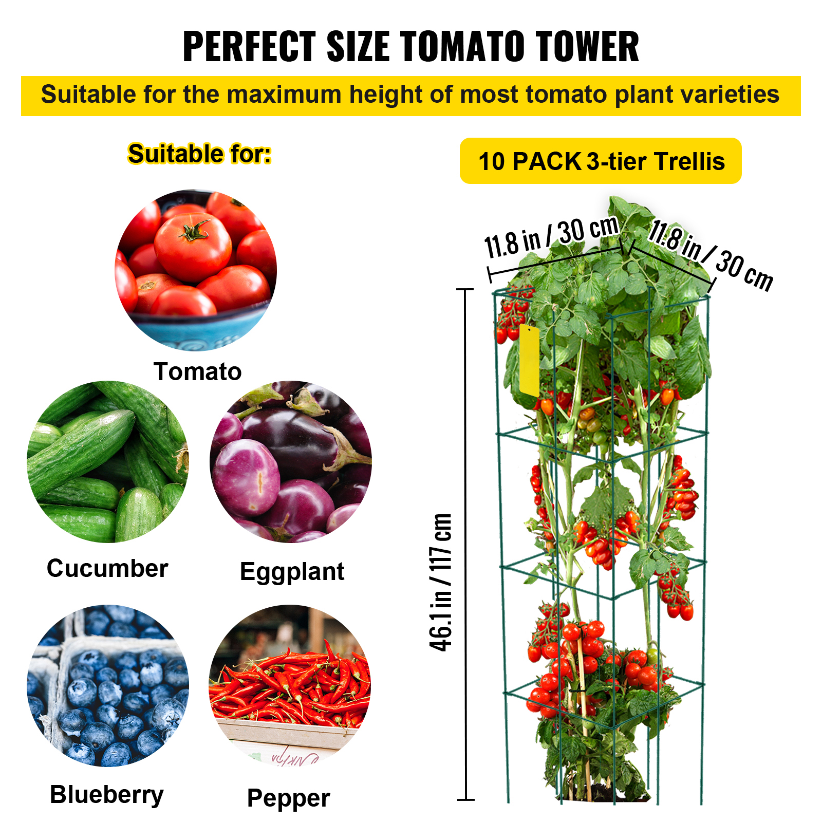 Tomato Cages Plant Support Cage Square Steel 3/5/6/10 Packs Silver/Green - Picture 18 of 75