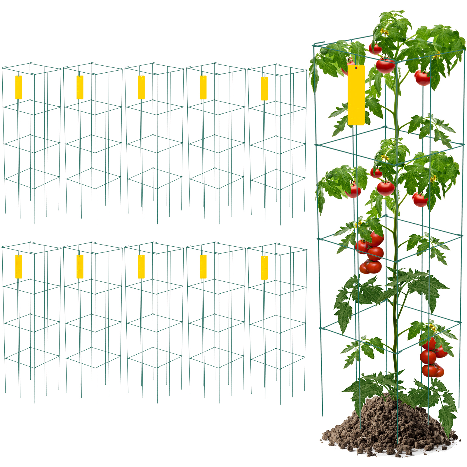 Tomato Cages Plant Support Cage Square Steel 3/5/6/10 Packs Silver/Green - Picture 16 of 75