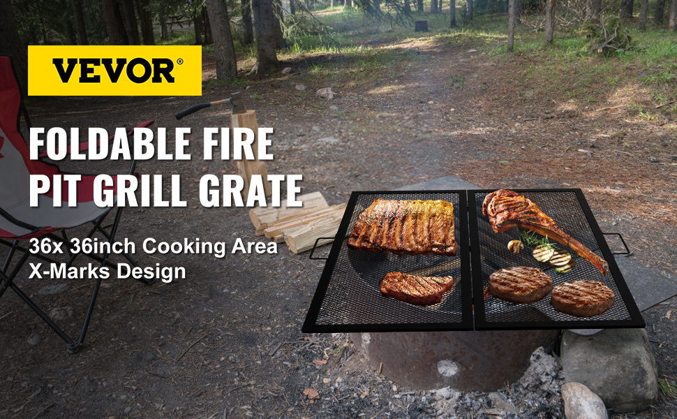 VEVOR vuurkorf met grillrooster voor gegrild vlees op een kampeerterrein in het bos, opvouwbare grill met een oppervlak van 91x91 cm.