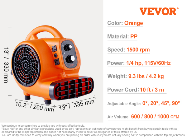 VEVOR Floor Blower, 1/2 HP, 2600 CFM Air Mover for Drying and Cooling,  Portable Carpet Dryer Fan with 4 Blowing Angles and Time Function, for
