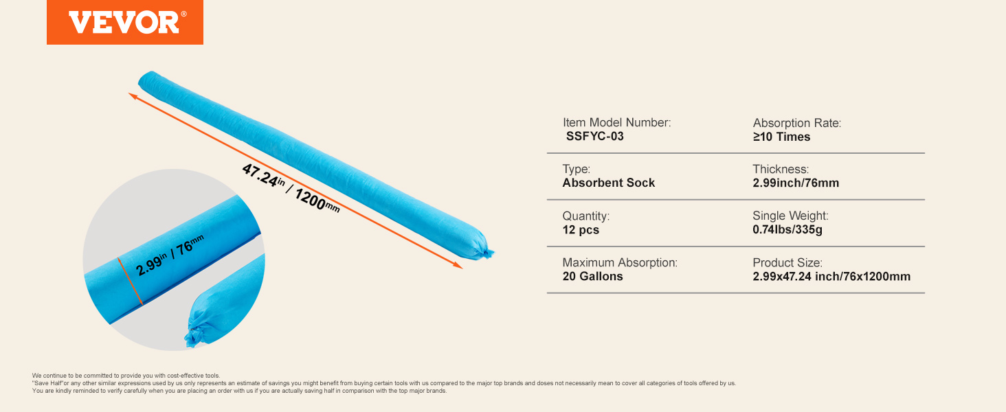 VEVOR Univerzální absorbční ponožka Had absorbující vodu 20 Gal 12 ks 3
