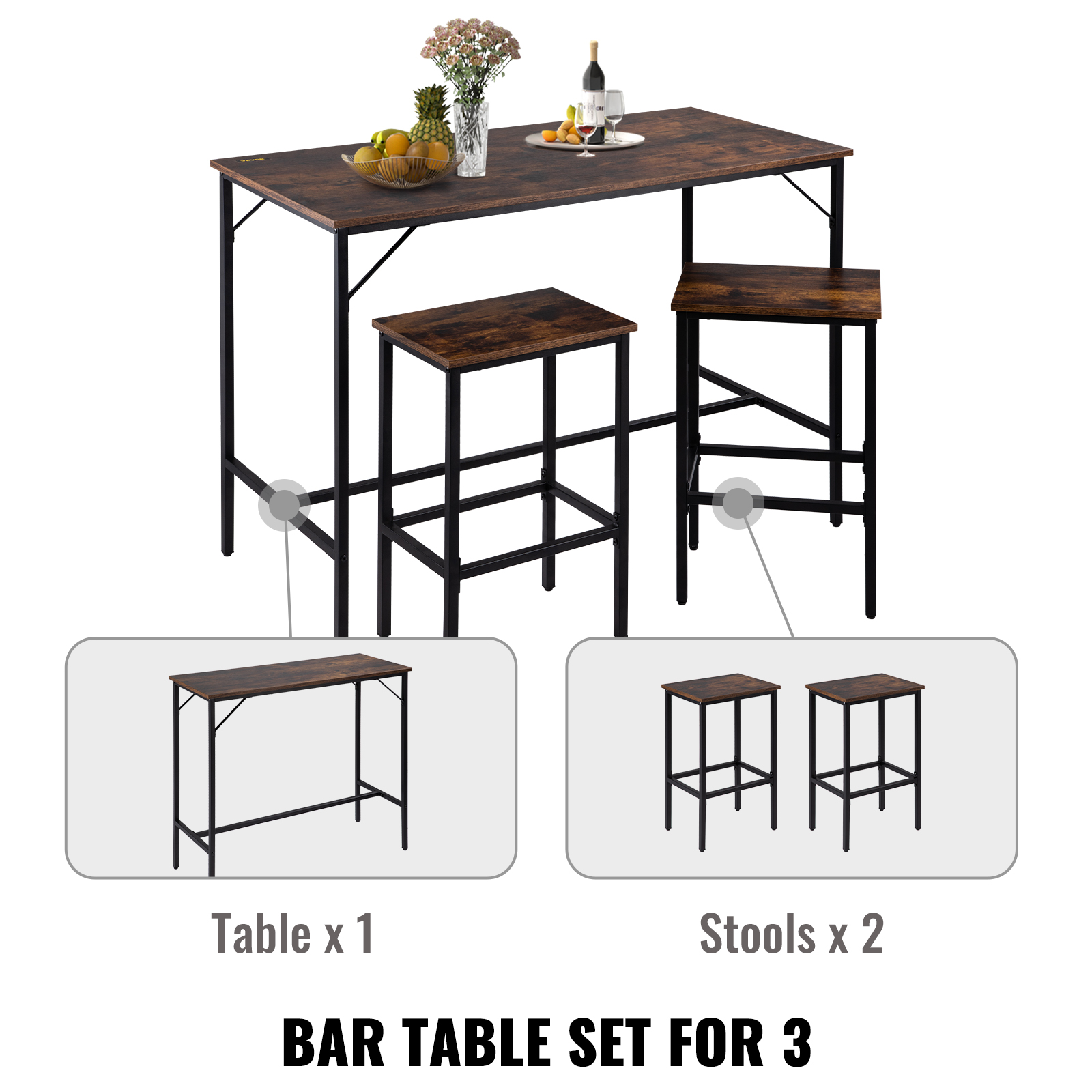 VEVOR VEVOR Set di Tavolo da Bar a 1200 x 600 x 900 mm, in MDF e Ferro,  Tavolo a Colore Marrone Rustico con 2 Sgabelli per Bar, Uso per Bar,  Ufficio
