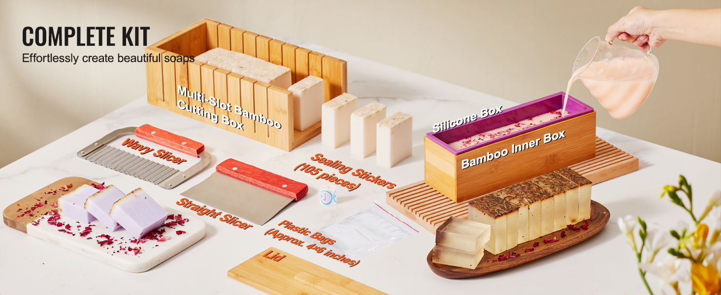 VEVOR Soap Making Kit, Bamboo Cutting Box and Inner Box with Silicone Mold,  Stainless Steel Straight