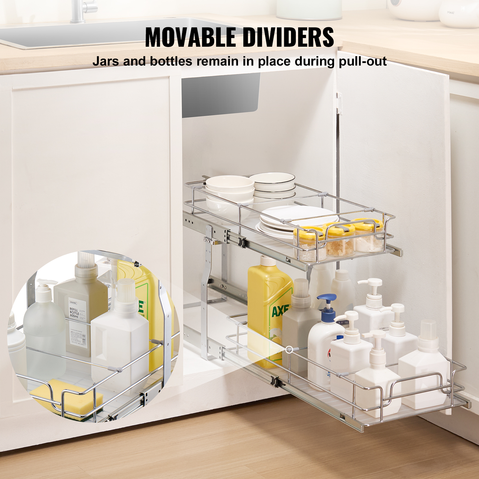 2-Tier Kitchen Cabinet Pull Out Shelf Organizer Slide Out Drawer 9-22 inch - Picture 65 of 74