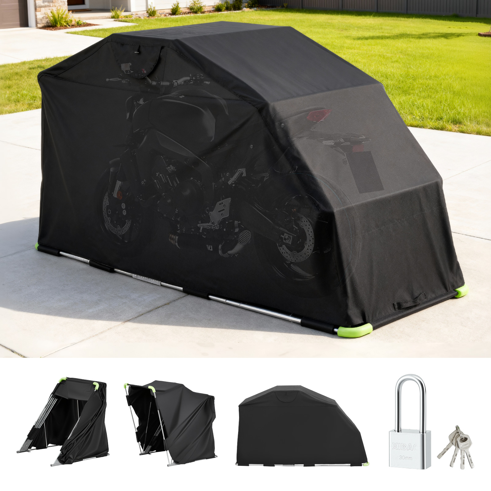 Motorcycle Shelter Shed Cover Storage Tent Flip-Up w/ Lock Safe Garage S L Size