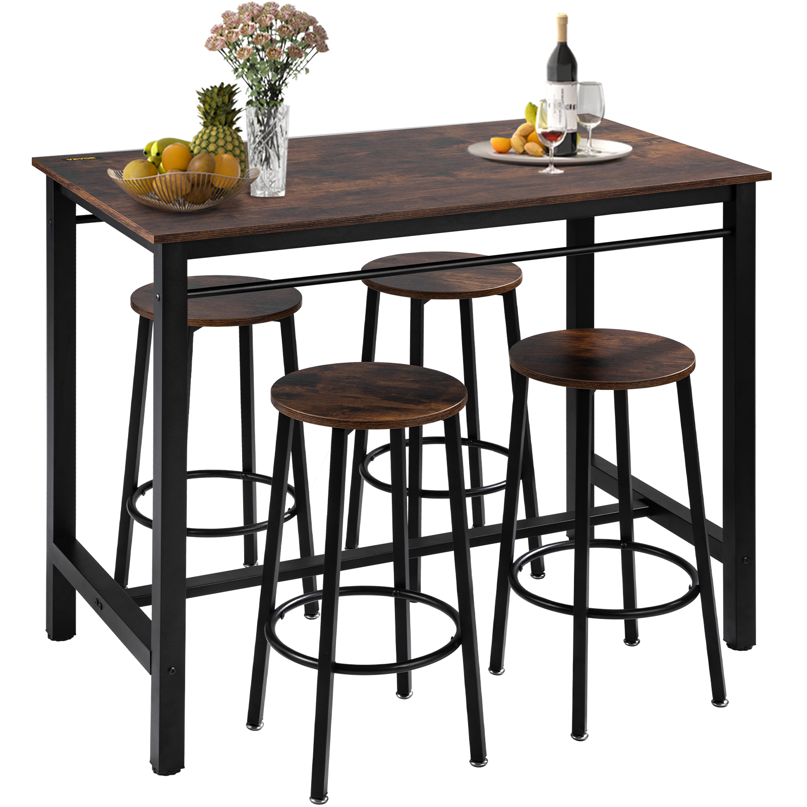 Juego de 5 muebles de mesa de cocina de altura de mostrador con 4 sillas,  mesa de comedor y taburetes de bar (negro alto)