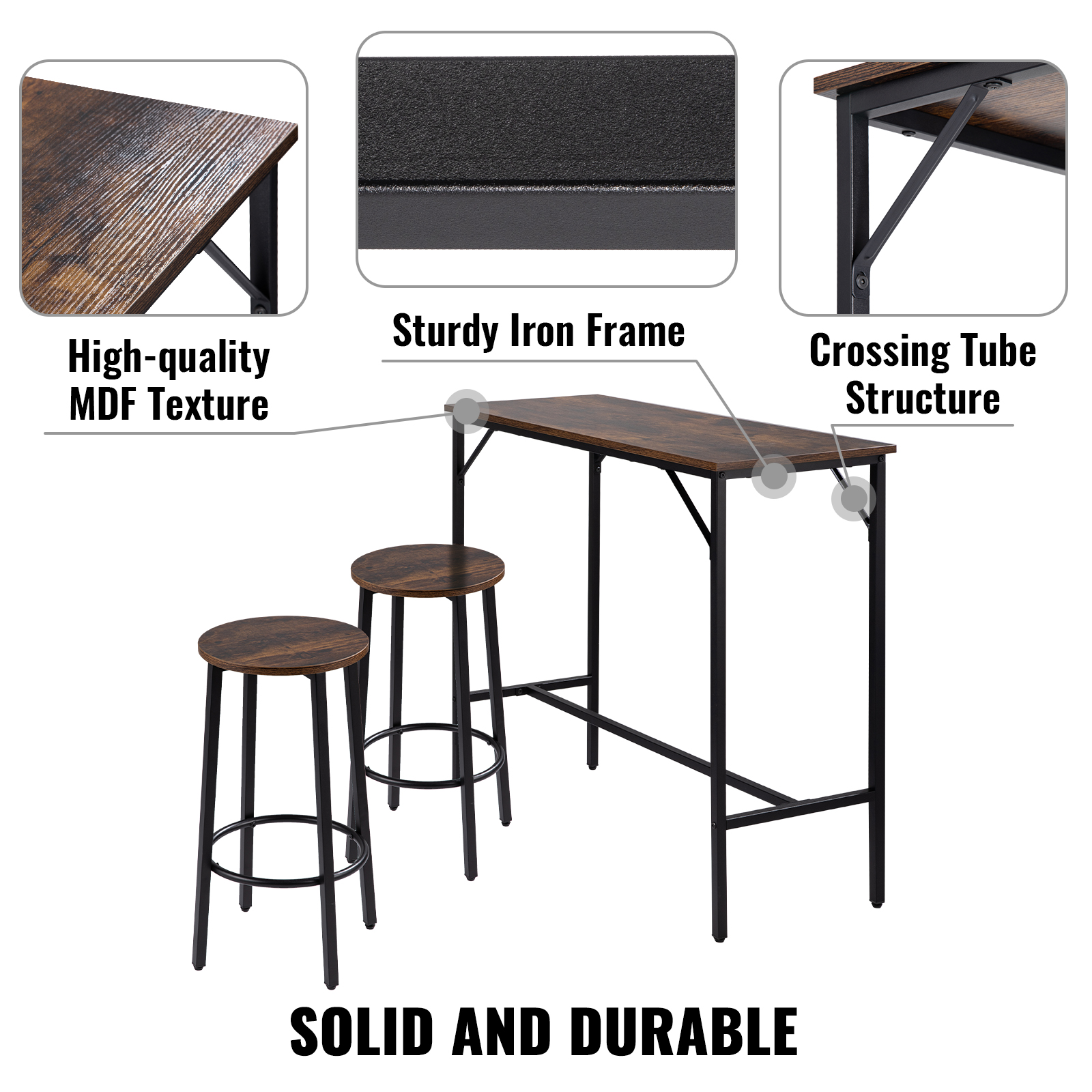 VEVOR Bar Table and Chairs Set 39" Pub Table Set with 2 Bar Stools Kitchen Dining Table and Chairs Set for 2 Iron Frame Counter Height Dining Sets for Home, Kitchen, Living Room