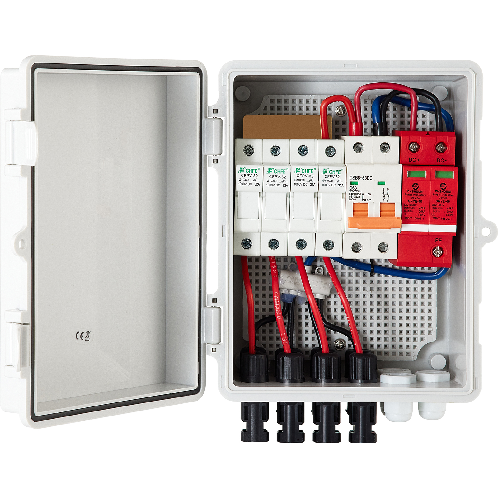 Boîte De Jonction Solaire DC 1000V + AC 230V IP65 - Pour 2 Chaînes, Avec Parafoudre 40kA Et Disjoncteur 32A - Installation Murale
