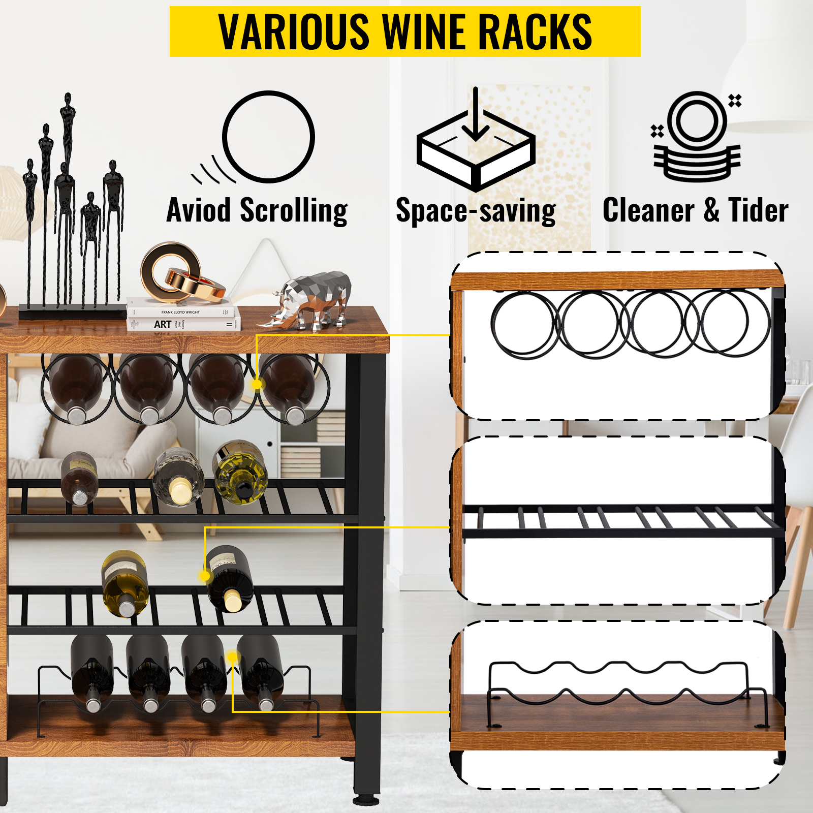 VEVOR VEVOR Botellero de pared, soporte para 9 botellas de vino, toallero,  estante vertical de acero negro para vino, soporte decorativo moderno para  botellas de vino montado en la pared, diseño de