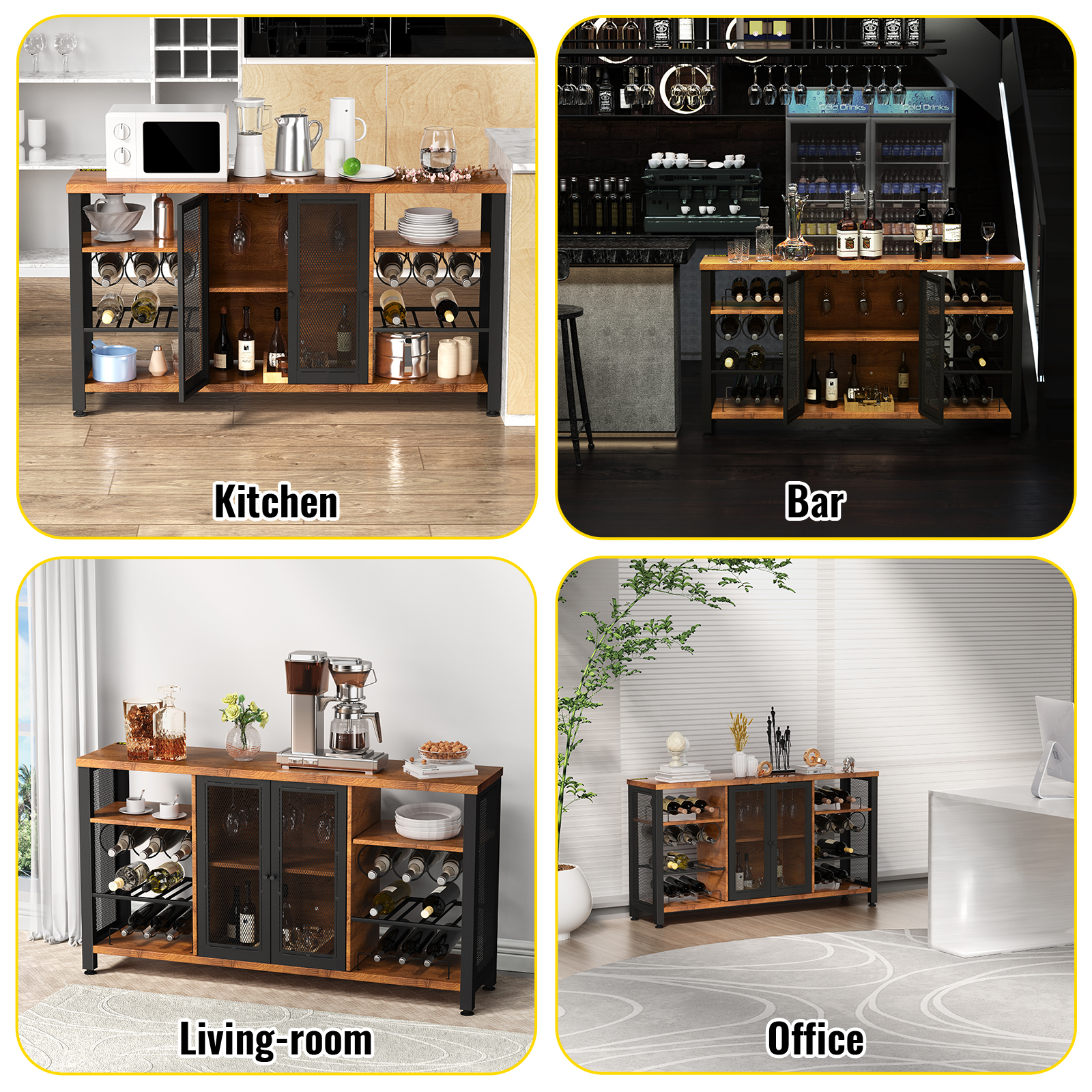 Mueble de bar de café, clóset de cocina con almacenamiento, clóset de  almacenamiento buffet con ruedas, aparador con puertas y estantes, mesa de  centro industrial con cajón, café rústico : : Hogar