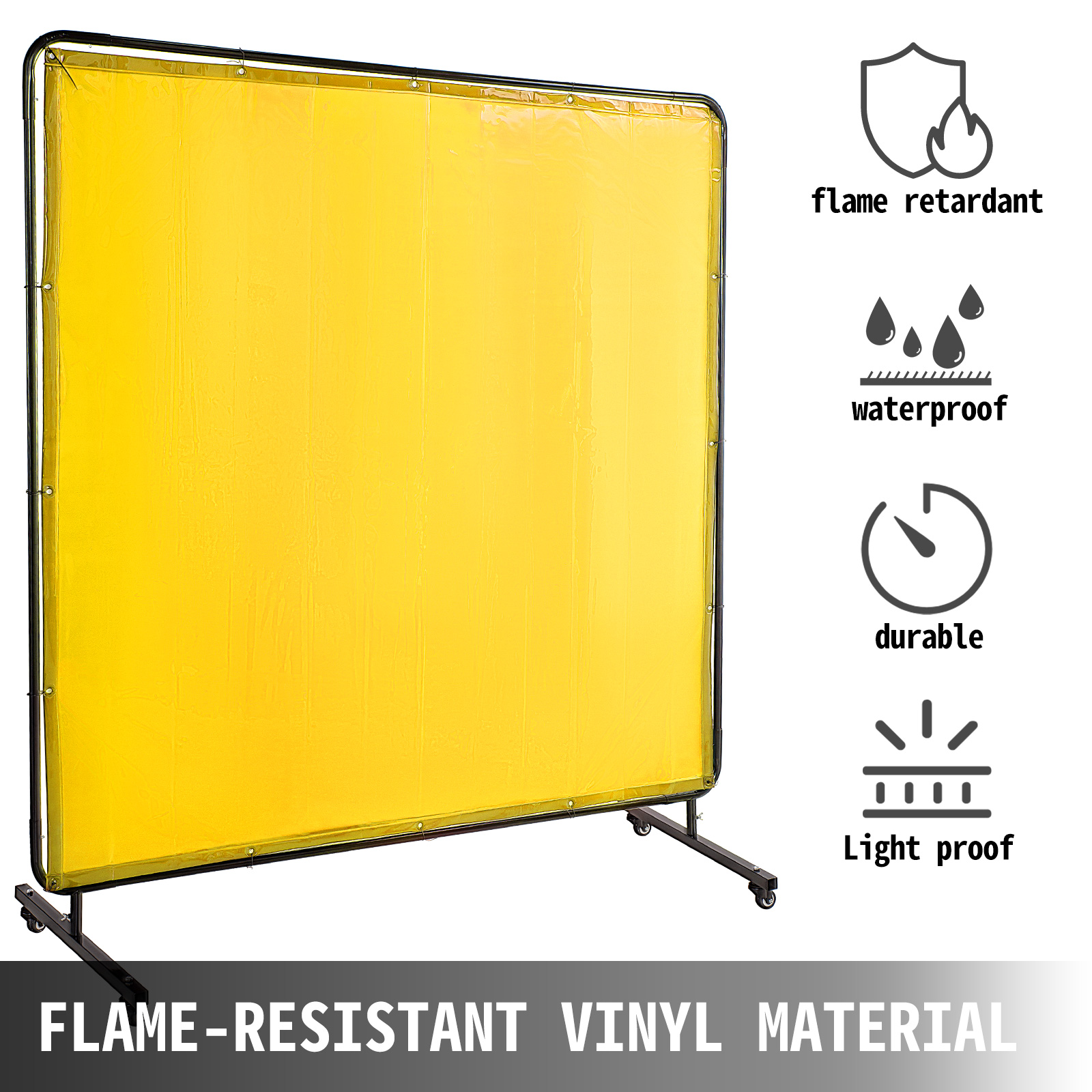 VEVOR Welding Screen with Frame 6' x 6', Welding Curtain with 4 Wheels, Welding Protection Screen Yellow Flame-Resistant Vinyl, Portable Light-Proof Professional