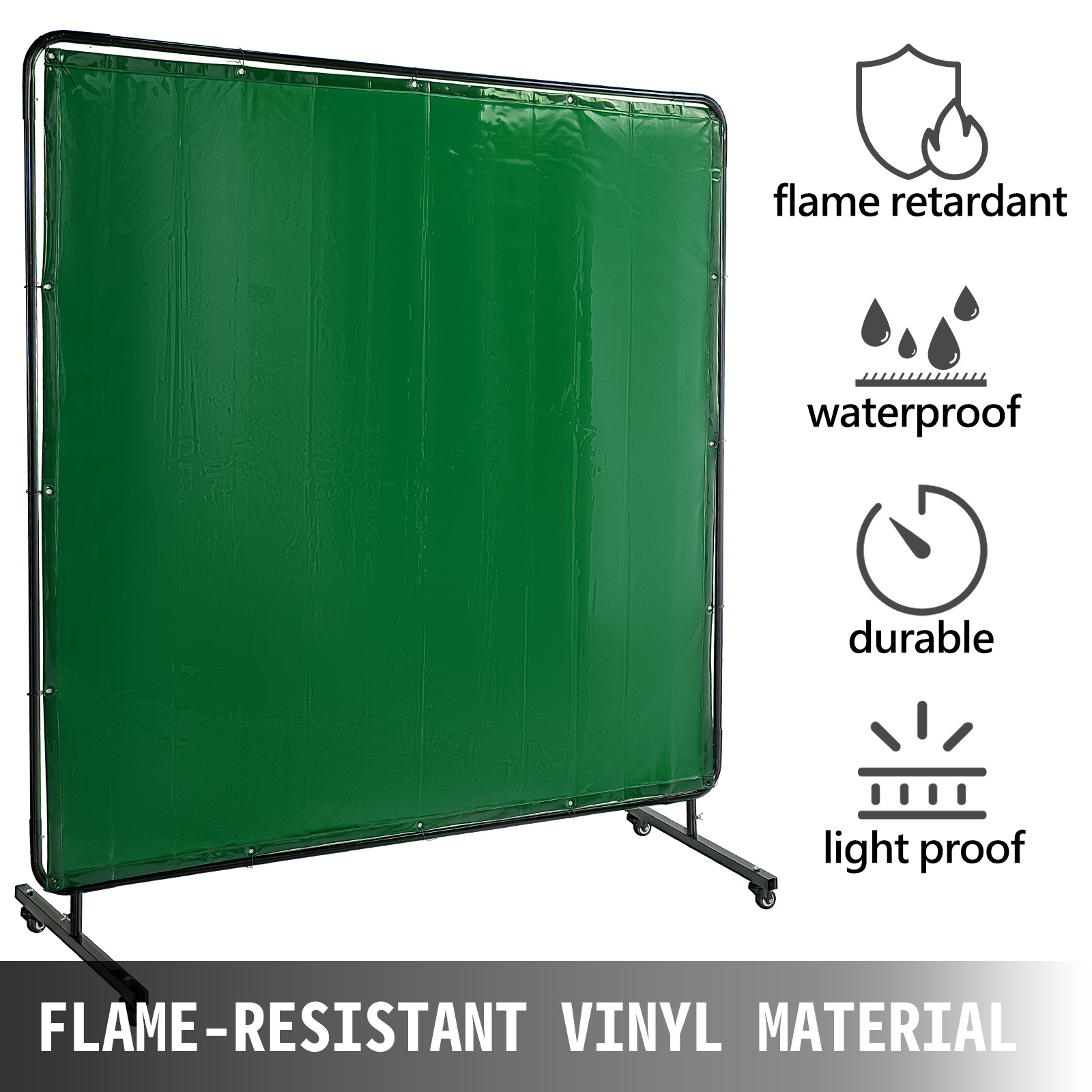 VEVOR Welding Screen with Frame 6' x 6', Welding Curtain with 4 Wheels, Welding Protection Screen Green Flame-Resistant Vinyl, Portable Light-Proof Professional