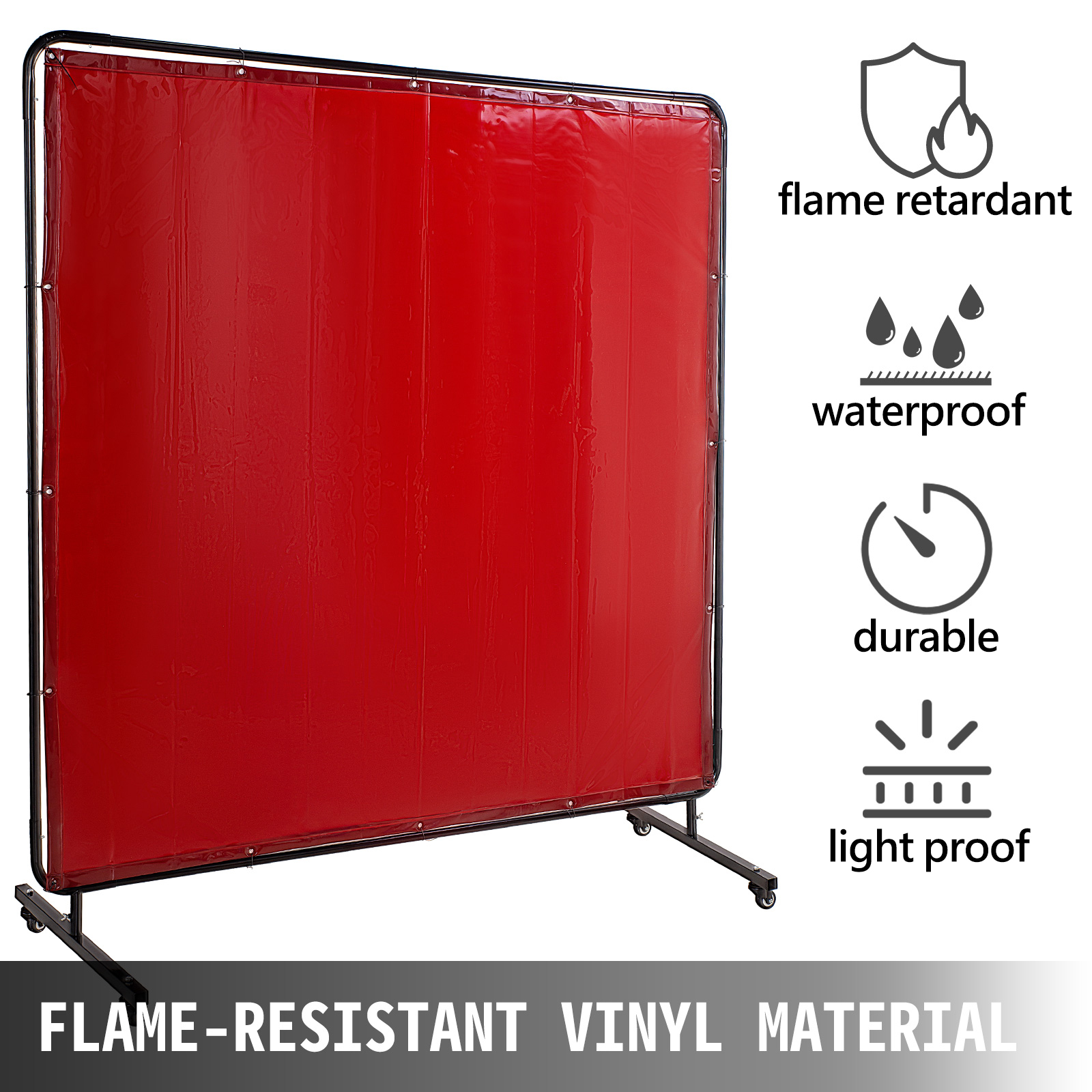 VEVOR Welding Screen with Frame 6' x 6', Welding Curtain with 4 Wheels, Welding Protection Screen Red Flame-Resistant Vinyl, Portable Light-Proof Professional